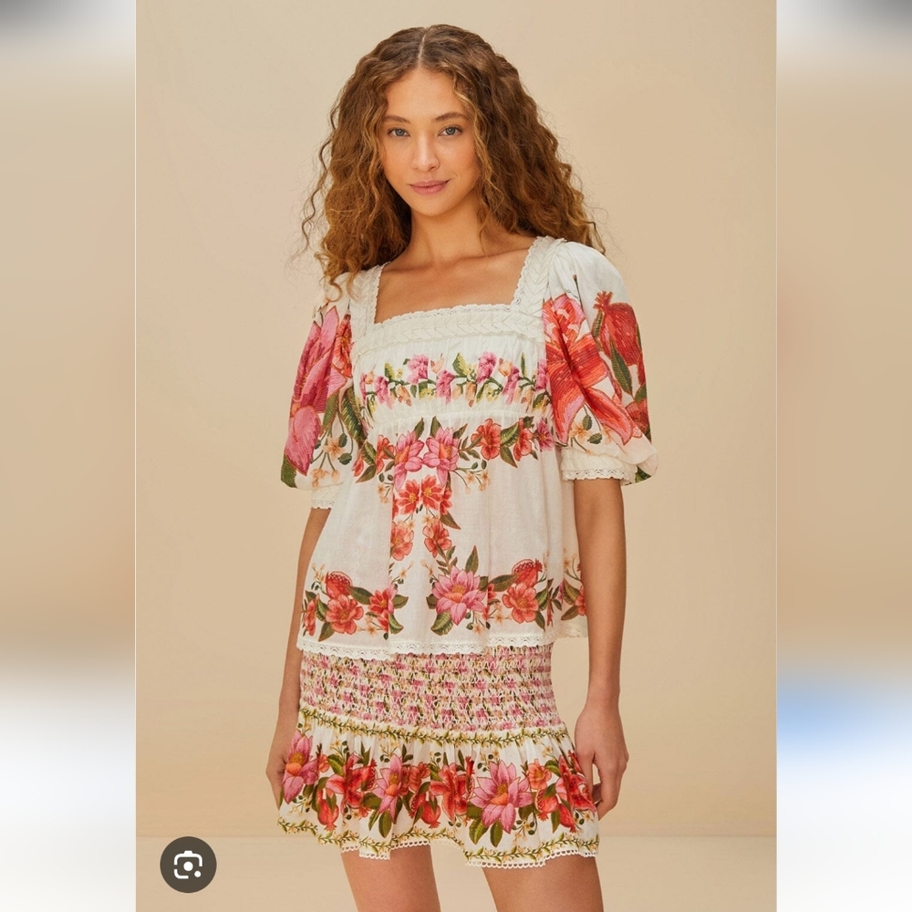 FARM Rio White Peasant Blouse with Pink & Red Floral Embroidery - Picture 2 of 10